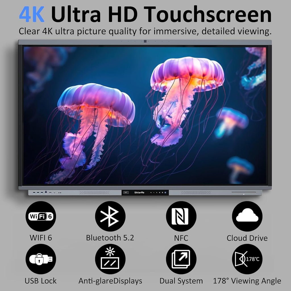 Shiarffe R9 Smart Board 75 Inch 4K Interactive Whiteboard 16GB RAM + 256GB Storage All-in-One Touchscreen Monitor Built-in 50MP AI Camera Mics and 60W Speaker for Classrom Hybrid Work (Board Only)