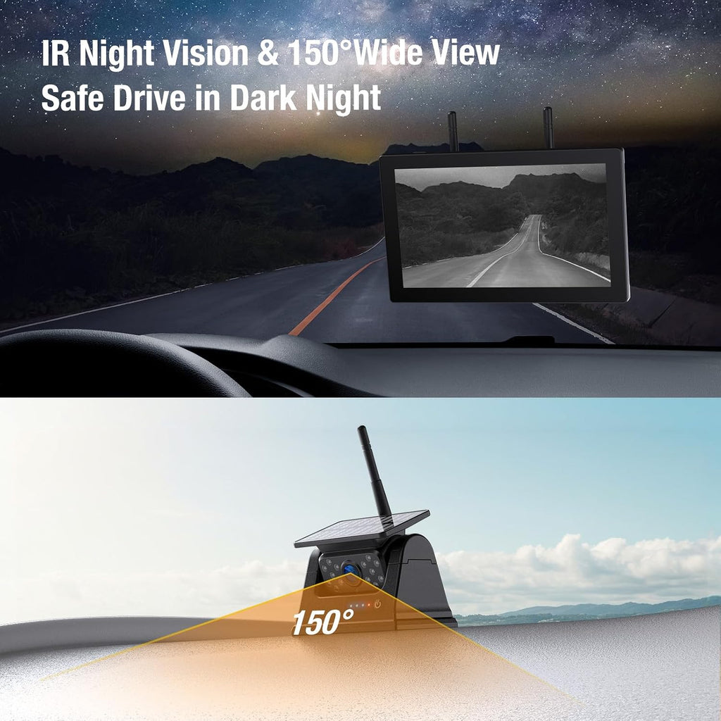 RV Backup Camera with Solar Magneti 9' Touch Key Monitor with Recording DVR No Wiring Anti-Glare Monitor with Clear Night Vision Recording 4-Channel,15000mAh Solar Battery 24H Long Life for Car Truck