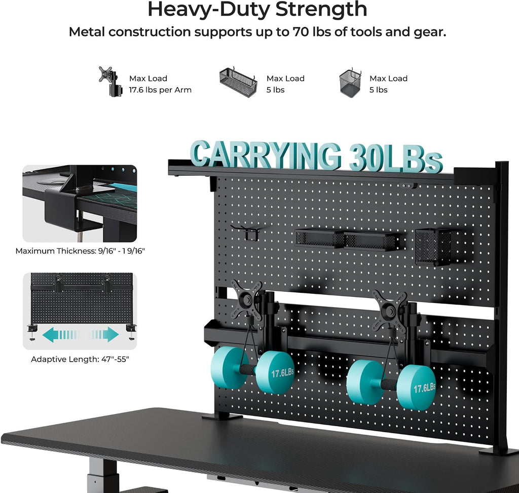 EUREKA ERGONOMIC Metal Pegboard, 43x34inch Clam on Desk Pegboard with Dual Monitor Stand, Garage Pegboard with 4 Accessories, Desk Shelves for Tool organizer, Office, Gaming Desk, Workbench, Black