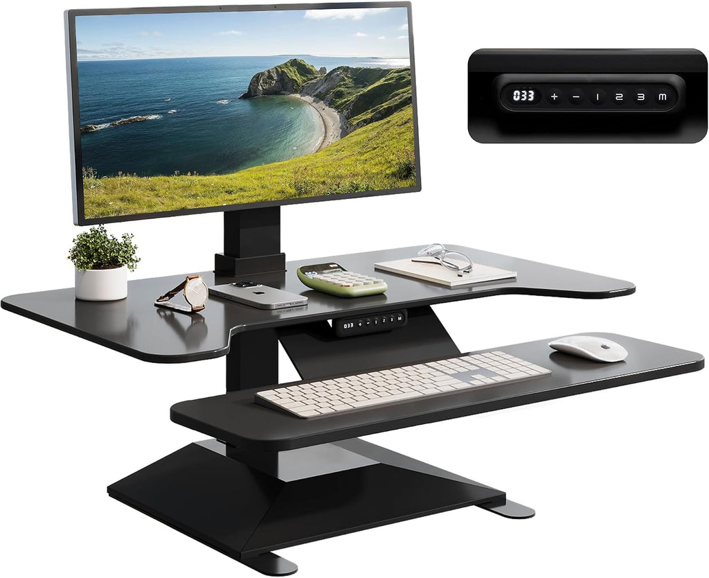 Electric Standing Desk Converter 36' Wide, Height Adjustable Desk Riser, Computer Workstation, Sit-Stand Convertor for Home, Office, School (Black, 1 Arm Included)