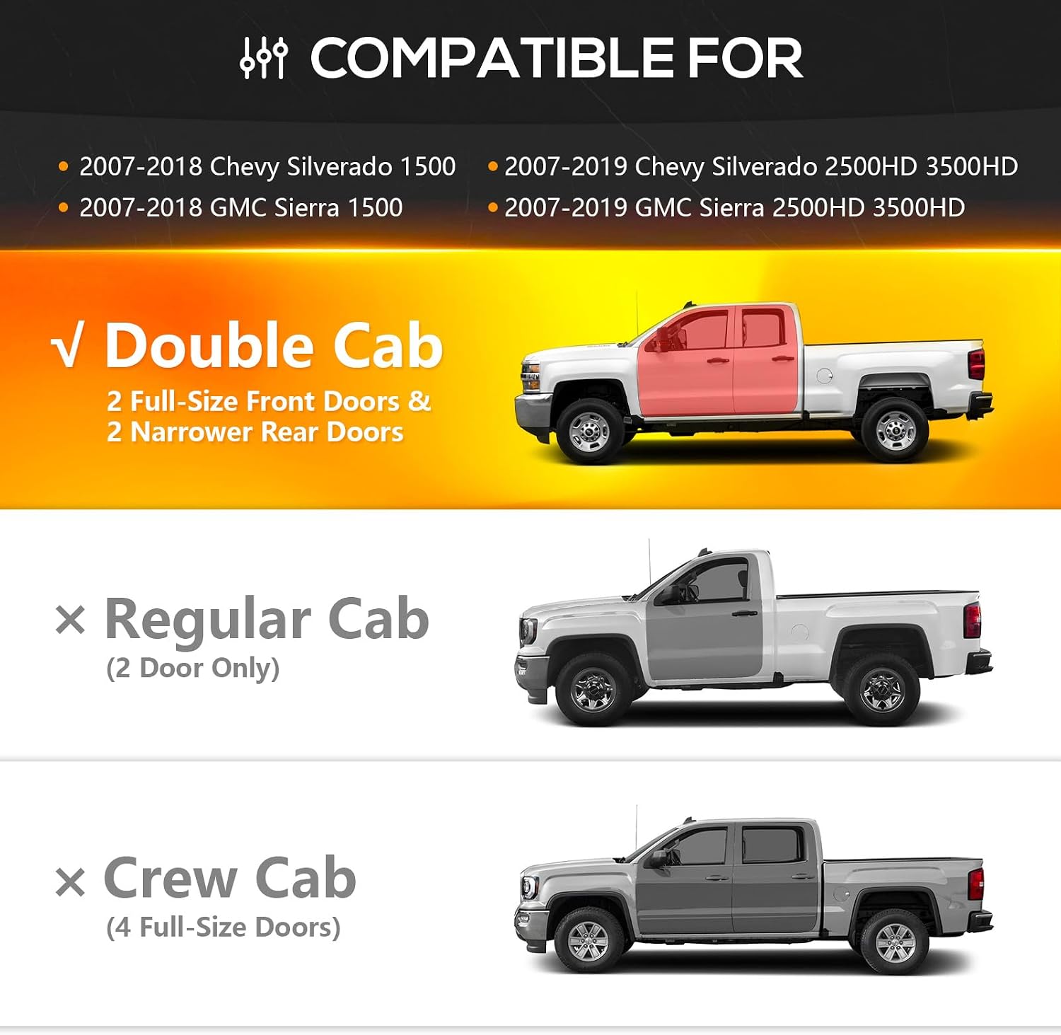 YZONA Double Cab Running Boards Compatible with 2007-2018 Chevrolet Silverado & GMC Sierra 1500, 2007-2019 Chevy Silverado & GMC Sierra 2500 3500 HD Extended Cab Side Step Nerf Bar Two Stairs Design