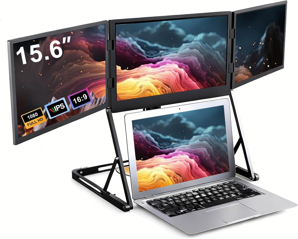 15.6' Laptop Triple Monitor Extender,3 Screen FHD 1080P IPS Display,USB-C HDMI Play Foldable Screen for Windows,Mac,Travel Workstation
