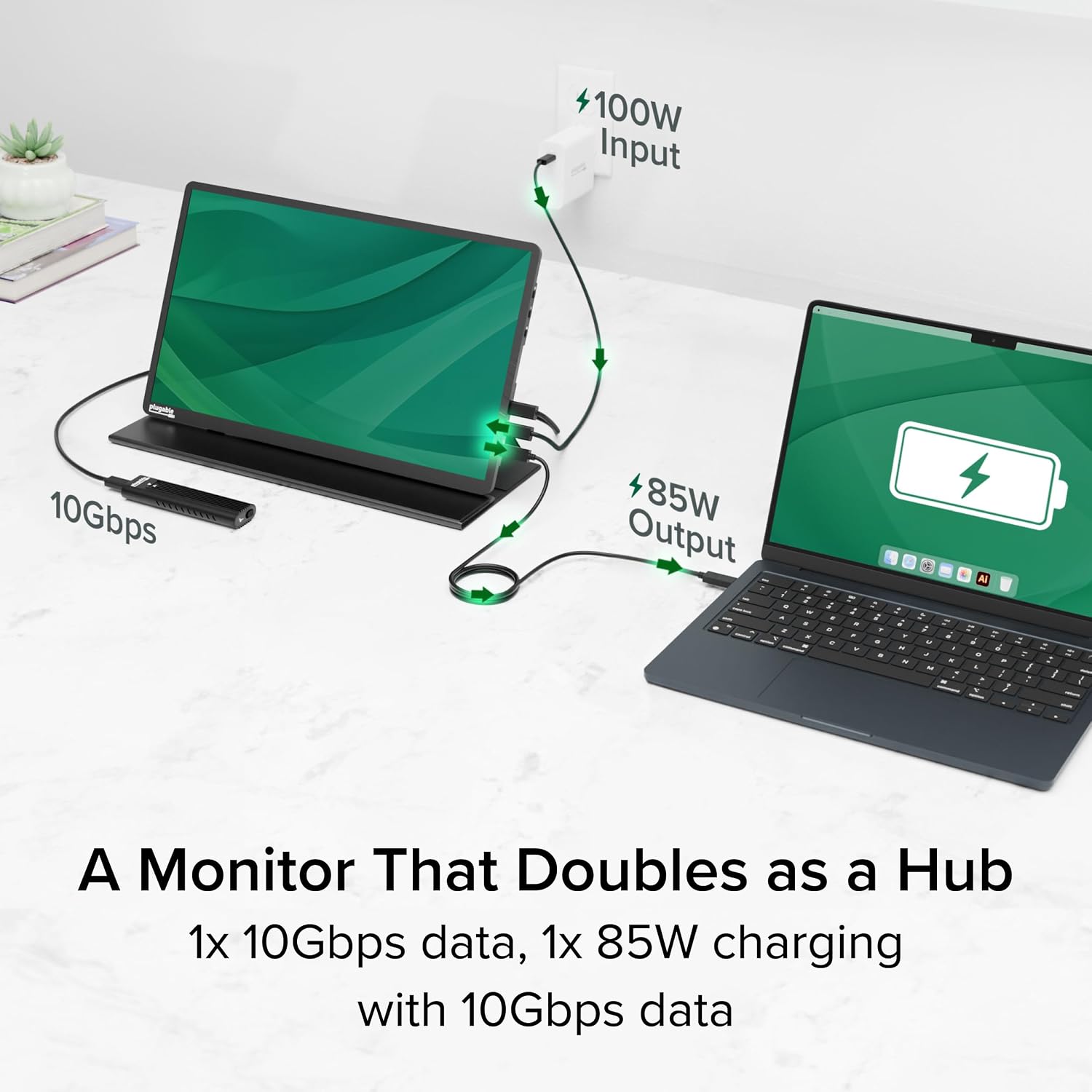 Plugable USB C Portable Monitor and USB C to Ethernet Adapter Bundle: 15.6' Monitor with 100W Charging, 3X USB-C 10Gbps, Protective Case/Stand, and 2.5Gbps Type C Ethernet Adapter