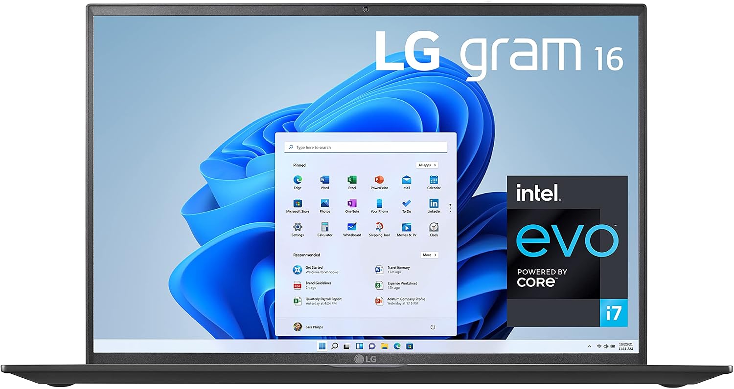 LG gram 16Z90P Laptop 16' Ultra-Lightweight, (2560 x 1600), Intel Evo 11th gen CORE i7, 16GB RAM, 1TB SSD, Windows 11 Home, 22 Hour Battery, Alexa Built-in, 2X USB-C, HDMI, USB-A - Black