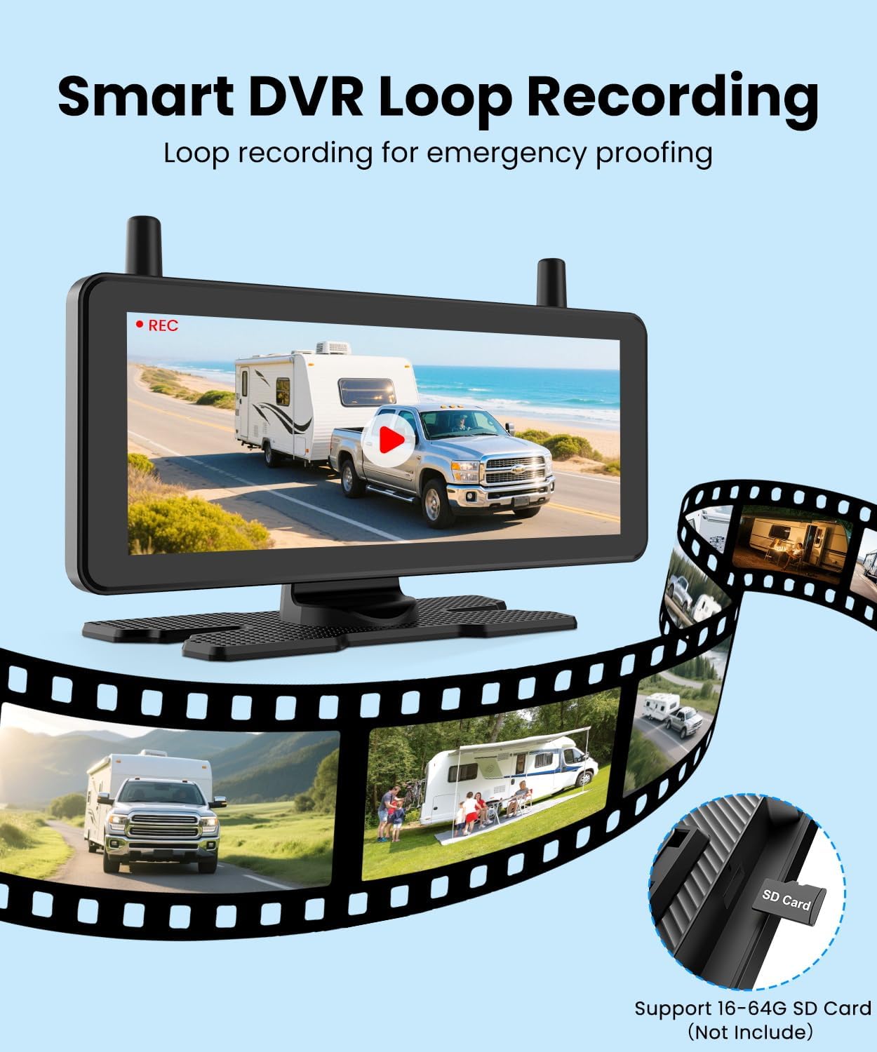 AUTO-VOX 2 Solar Wireless Backup Camera System: 7.2' 1080P HD Monitor, 3-Min Quick Installation for Wider Rear & Trailer View, IP69K Waterproof Back Up Camera for Truck, RV, Camper, Horse/Boat Trailer
