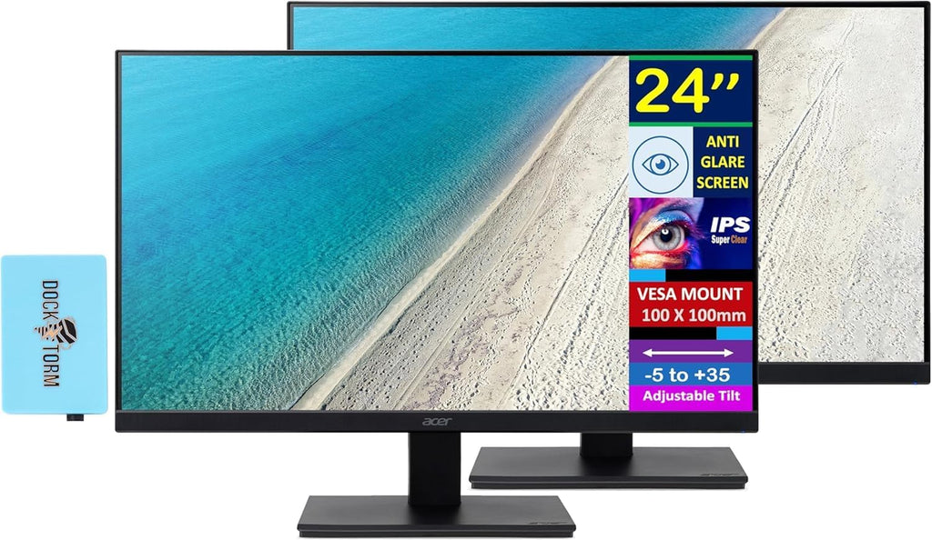 Acer 24' FHD IPS Monitor with 4 ms Response Time, Anti-Glare, Adaptive Sync, VESA Mount (100x100mm), HDMI, VGA & Dockztorm USB Port Expander, Black Color 2 Pack