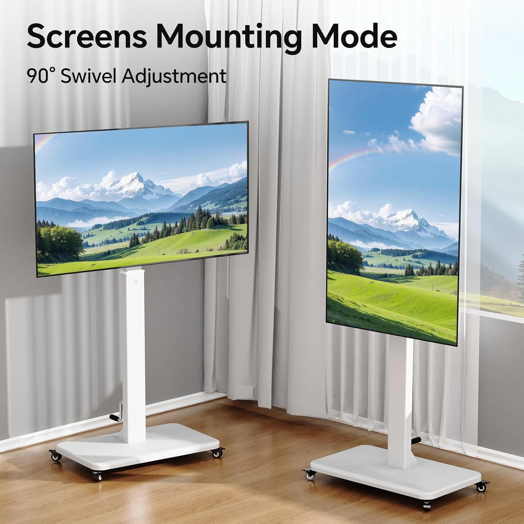 Mobile TV Stand with Power Outlet, Height Adjustable with Handle Stepless Lift,Rolling TV Stand for 32-75inch TVs with 90 Rotating,Portrait to Landscape,TV Cart with Wheels Holds up to 110lbs (White)