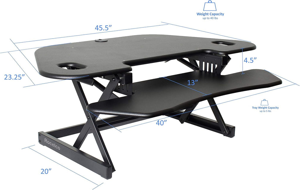 Rocelco 46' Height Adjustable Corner Standing Desk Converter with Dual Monitor Stand Bundle - Quick Sit Stand Up Computer Workstation Riser - Extra Large Keyboard Tray - Black (R CADRB-46-DMS)