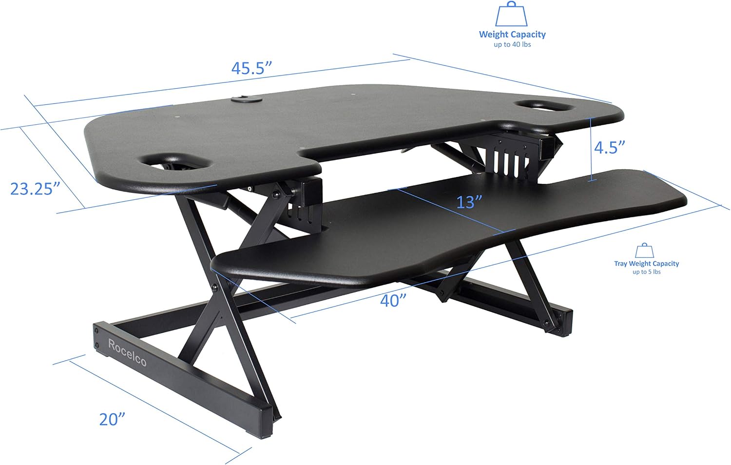 Rocelco 46' Height Adjustable Corner Standing Desk Converter with Dual Monitor Stand Bundle - Quick Sit Stand Up Computer Workstation Riser - Extra Large Keyboard Tray - Black (R CADRB-46-DMS)