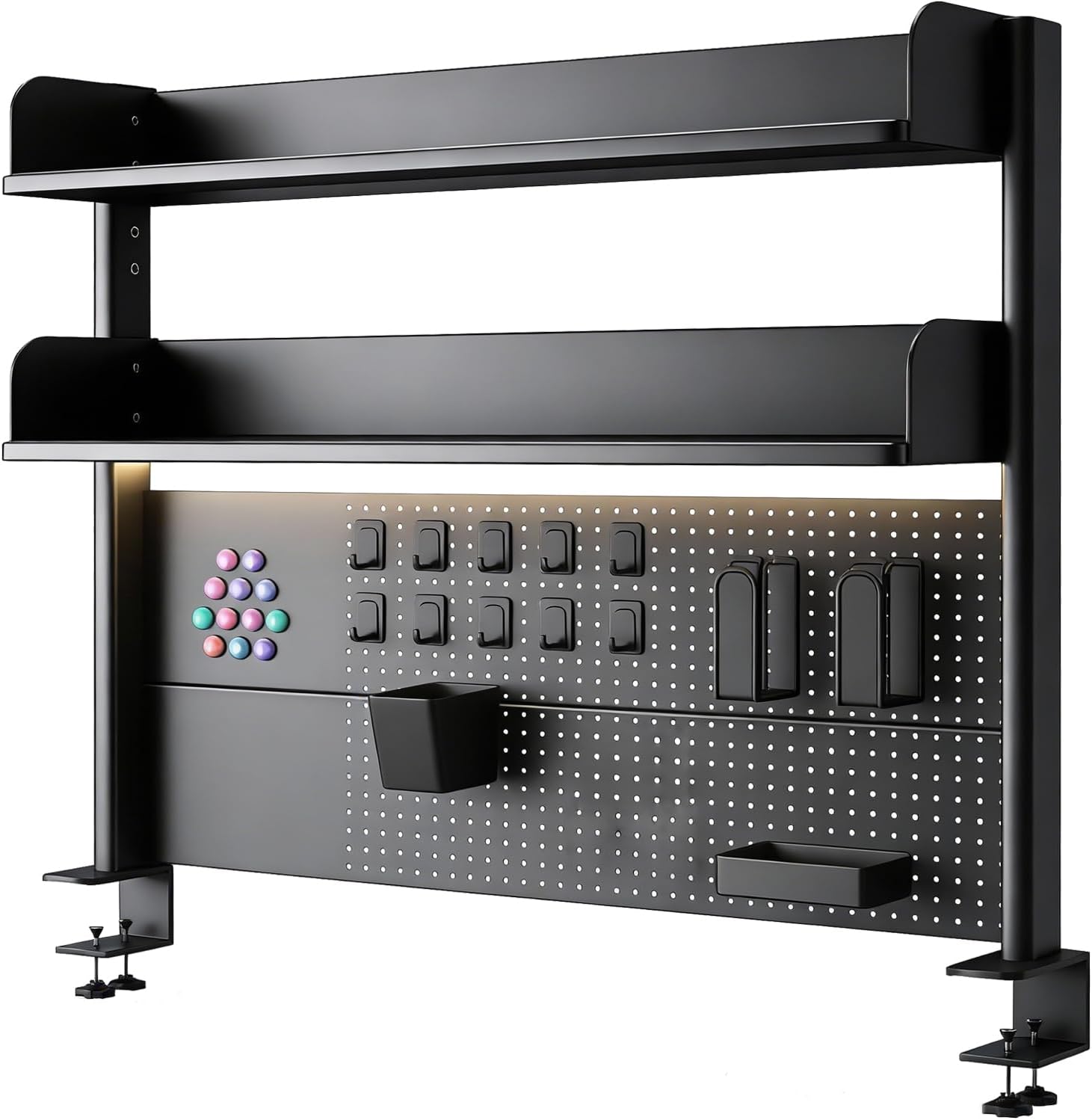 CHSSIH Clamp On Desk Pegboard Shelf - Metal Desktop Organizer Hutch with 2 Shelves for Storage and Display, Desk Add-On Shelf for Office, Dorm, or Computer Monitor Stand, Black, 31.4In