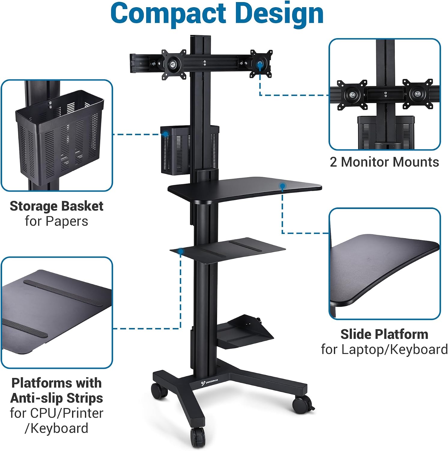 AW Mobile Computer Cart Medical Rolling PC Stand Desk Workstation Dual Monitor Mount with Wheels Adjustable Keyboard Tray CPU Printer Holder Hospital Clinic ANSI/BIFMA X5.5-2021 Certificated Black