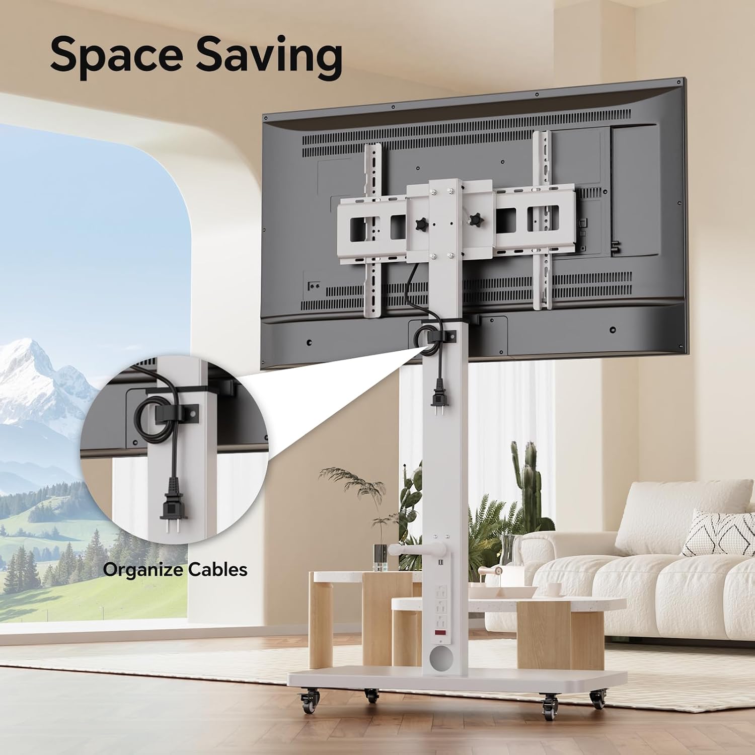 Mobile TV Stand with Power Outlet, Height Adjustable with Handle Stepless Lift,Rolling TV Stand for 32-75inch TVs with 90 Rotating,Portrait to Landscape,TV Cart with Wheels Holds up to 110lbs (White)