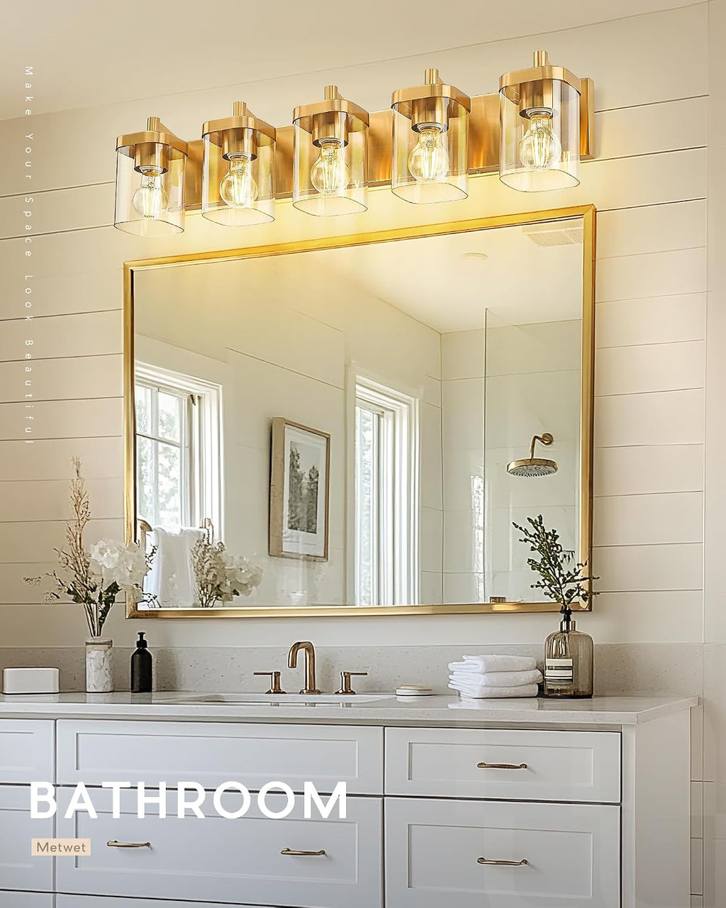 Gold Bathroom Light Fixtures with Square Clear Glass Shade | 30' Brushed Gold Vanity Light, 5-Light Modern Wall Sconces, Vanity Lighting Fixtures Over Mirror, VL194-BG-5
