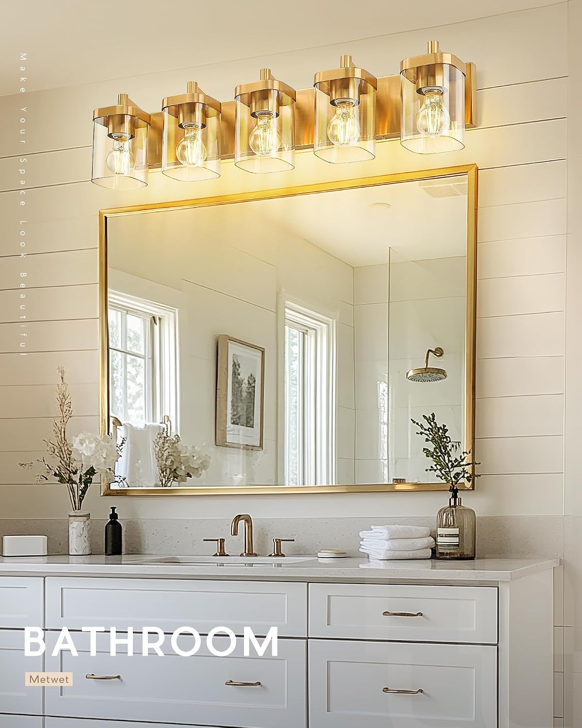 Gold Bathroom Light Fixtures with Square Clear Glass Shade | 30' Brushed Gold Vanity Light, 5-Light Modern Wall Sconces, Vanity Lighting Fixtures Over Mirror, VL194-BG-5