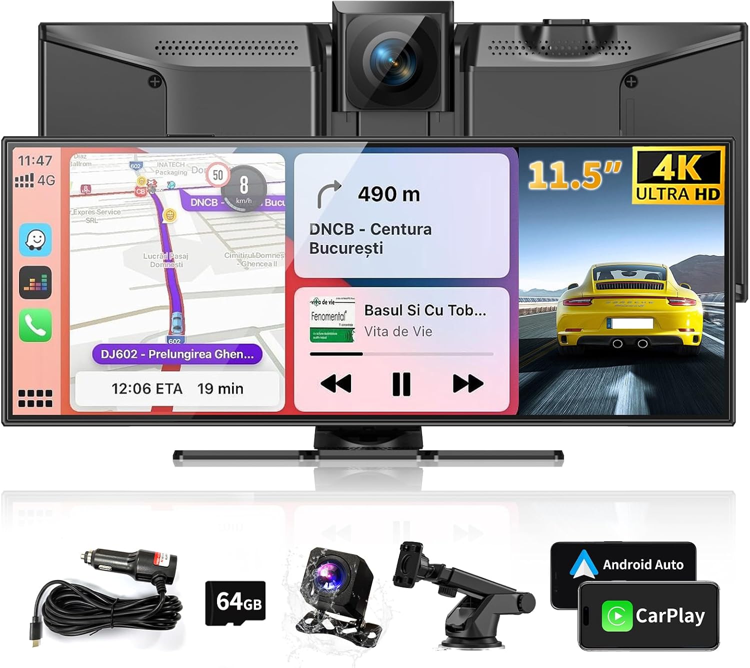 Largest 11.5' Portable Carplay Screen for Car, 4K Wireless Car Play & Android Auto, Upgrade Touchscreen with Dash Cam, App Control/Loop Recording/Backup Camera/Mirror Link/GPS/FM for All Vehicles