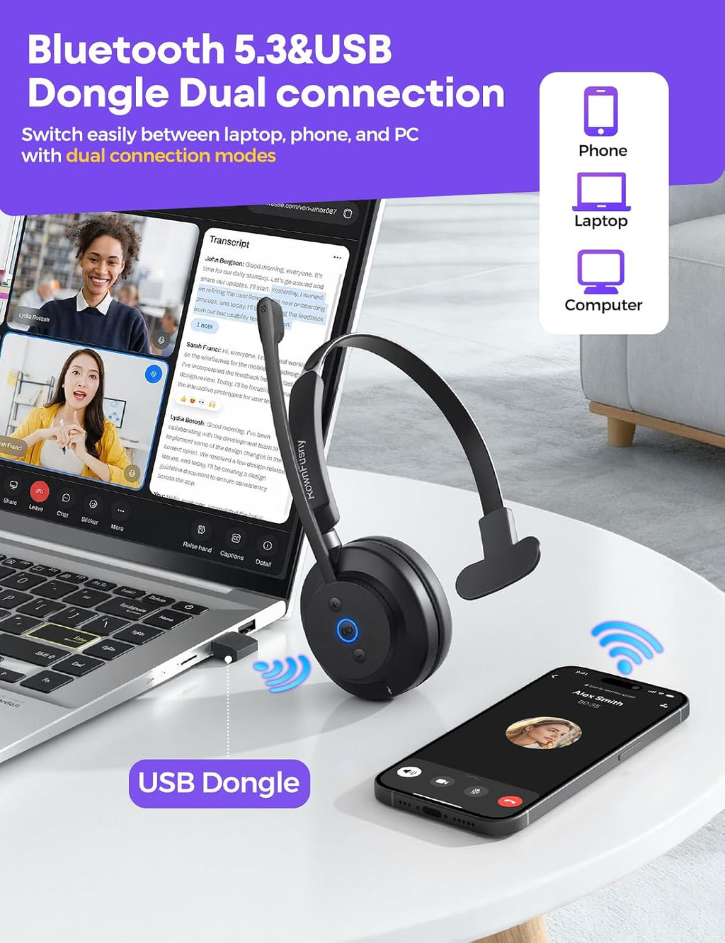 Wireless Headset with Mic for Work, Clear Sound ＆ Comfortable Computer Headset with Microphone, Bluetooth Headset with Charging Base & USB Dongle for Home/CallCenter/Teams/Zoom/Skype(Black)