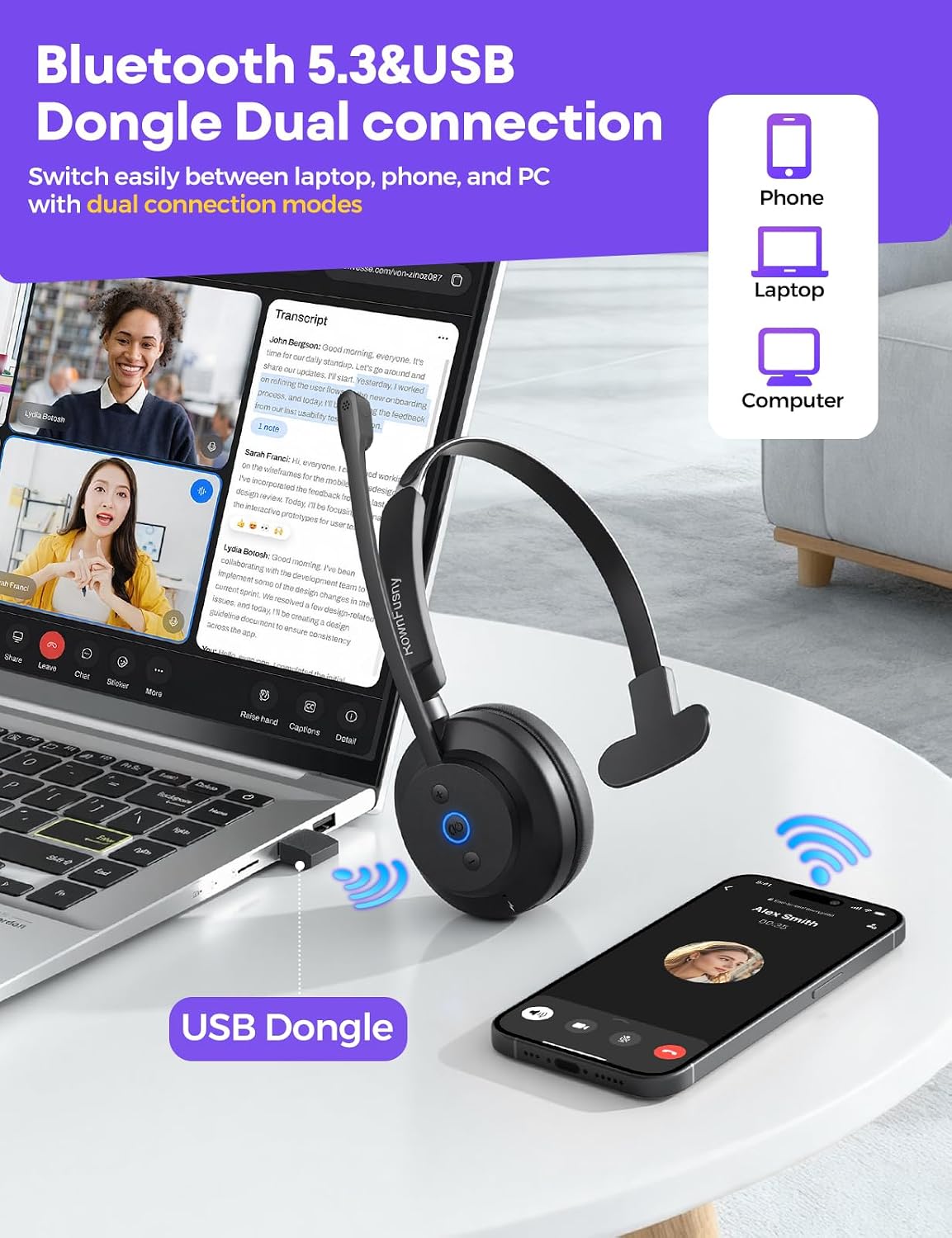 Wireless Headset with Mic for Work, Clear Sound ＆ Comfortable Computer Headset with Microphone, Bluetooth Headset with Charging Base & USB Dongle for Home/CallCenter/Teams/Zoom/Skype(Black)