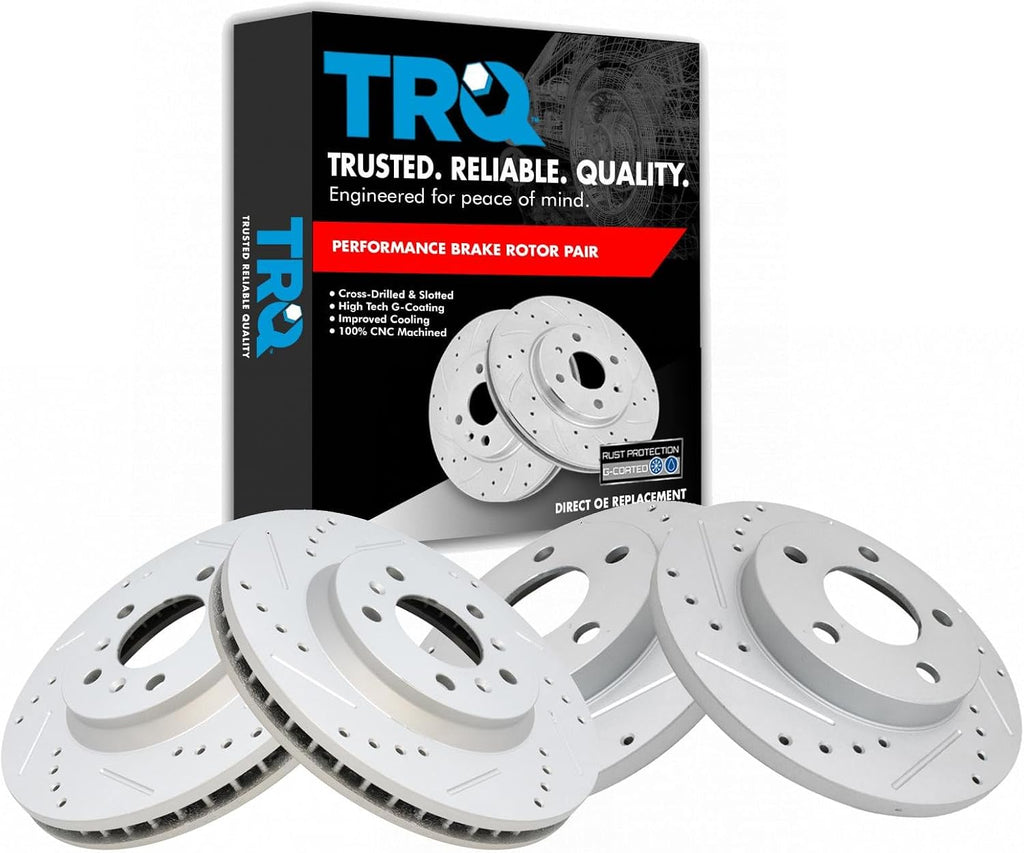TRQ Performance Front and Rear Brake Rotor Set G Coated Drilled and Slotted Compatible with 2011-2013 Chevrolet Impala 2014-2016 Impala Limited