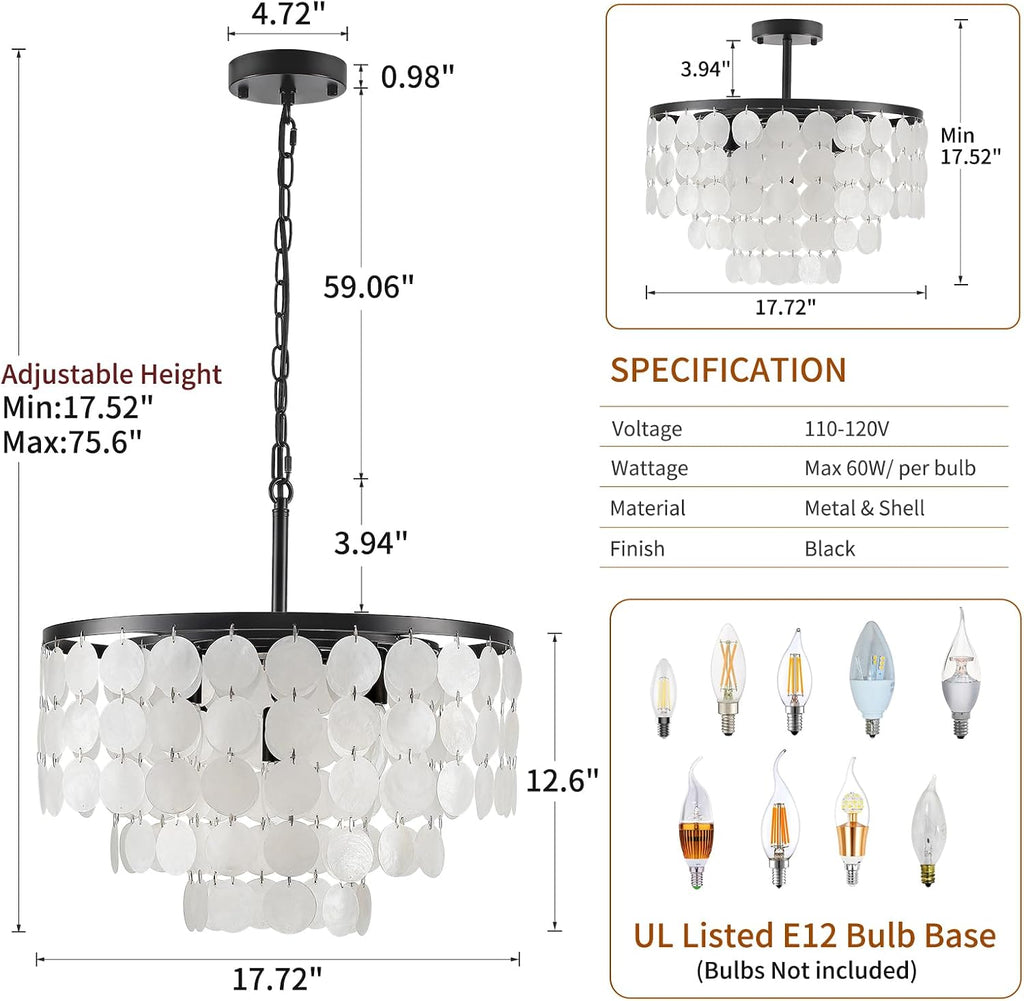 17.72' Capiz Shell Chandelier, 5 Light Natural Seashell Coastal Chandelier, Modern Capiz Seashell Pendant for Kitchen Living Dining Room Bathroom Bedroom, Black Finish