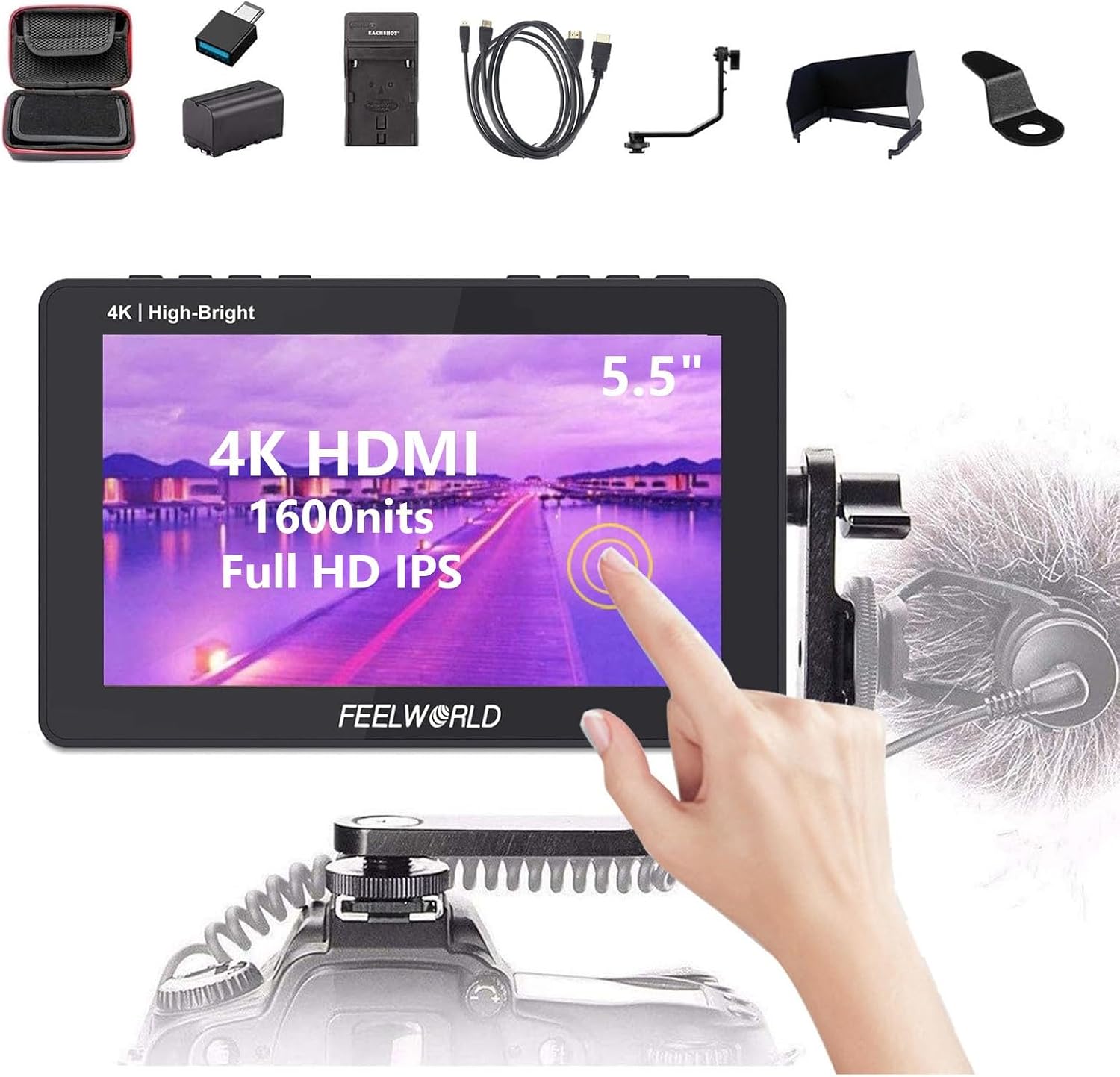 FEELWORLD F6 Pro +NP-F970 Battery, Charger, Storage Case kit, 5.5 Inch 4K HDMI Touch Screen On-Camera Monitor 1600nits High Bright FHD 1920x1080 Filed Monitor with F970 External Install and Power kit