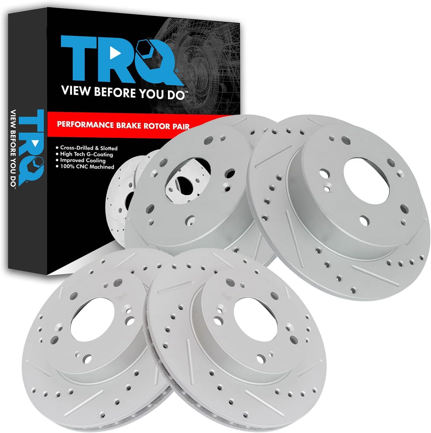 TRQ Performance Front and Rear Brake Rotor Set G Coated Drilled and Slotted Vented Solid Compatible with 2002-2006 Acura RSX