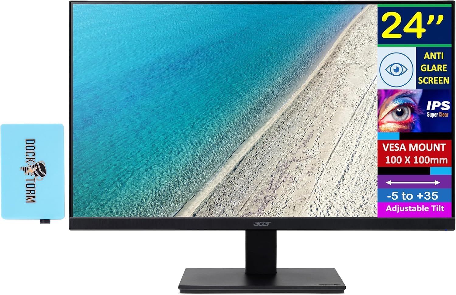 Acer 24' FHD IPS Monitor with 4 ms Response Time, Anti-Glare, Adaptive Sync, VESA Mount (100x100mm), HDMI, VGA & Dockztorm USB Port Expander, Black Color