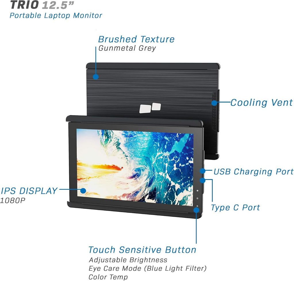 Trio Portable Monitor for Laptop, Mobile 13.3 Dual & Triple Screen 1080P IPS Display Laptop Monitor, USB A/Type-C, On-The-Go for Mac, PC,Linux, Chromebook 13-17 Laptops