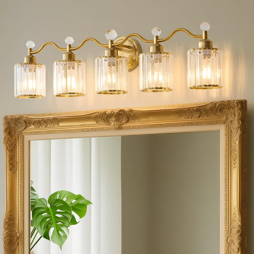 Bathroom Vanity Light Fixtures 5-lights, Gold Crystal Vanity Lights for Bath, Bathroom Lights Fixture with Clear Crystal Glass Shade, Modern Wall Light over Mirror, Wall Sconces Light for Hallway