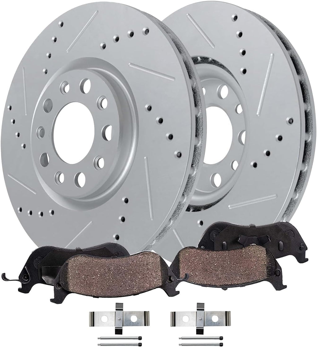 Detroit Axle - Front Brake Kit for 2016 2017 2018 2019 2020 Chevrolet Camaro Drilled and Slotted Disc Brake Rotors Ceramic Brakes Pads Replacement : 12.64' inch Rotor
