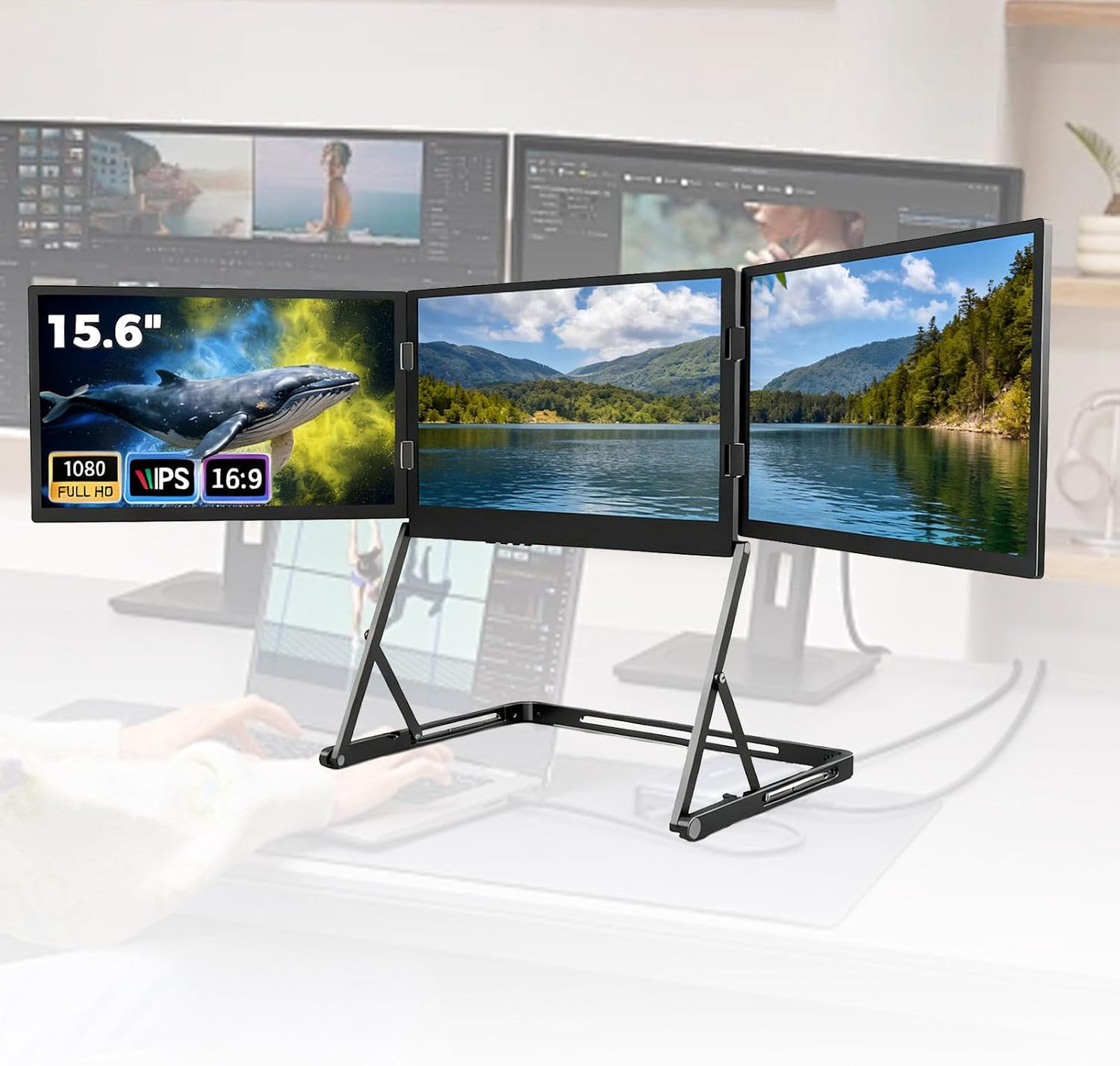 Tri-Screen Laptop Monitor Extender, 15.6 Inch Portable 1080P FHD IPS Display, USB-C HDMI Play Multi-Screen Setup for Office
