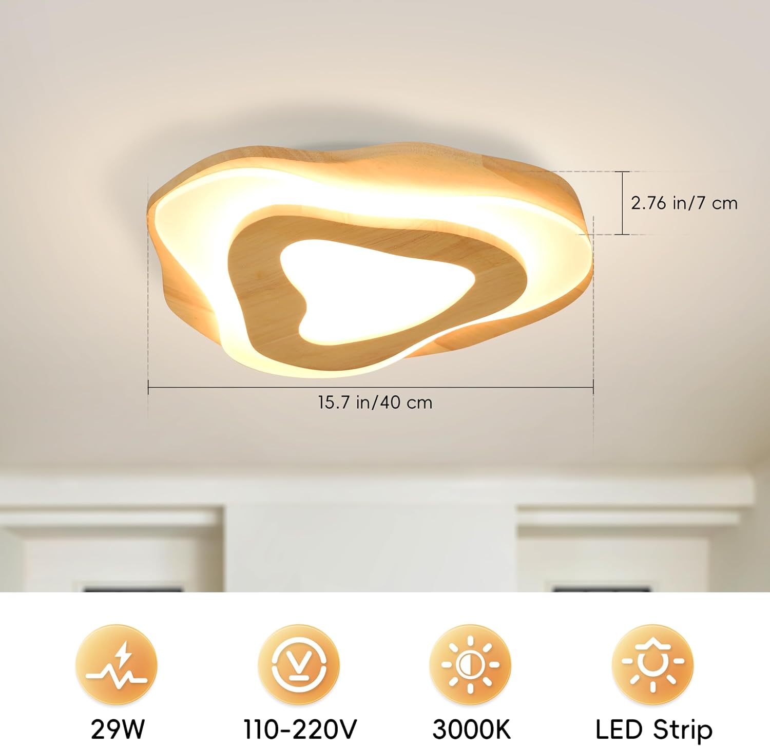 Littleglovo 15.7' Modern Flush Mount LED Chandelier for Dining Room, Natural Wood Petal Energy Chandeliers Ceiling Light for Entryway Bedroom Foyer Kitchen Living Room Bathroom