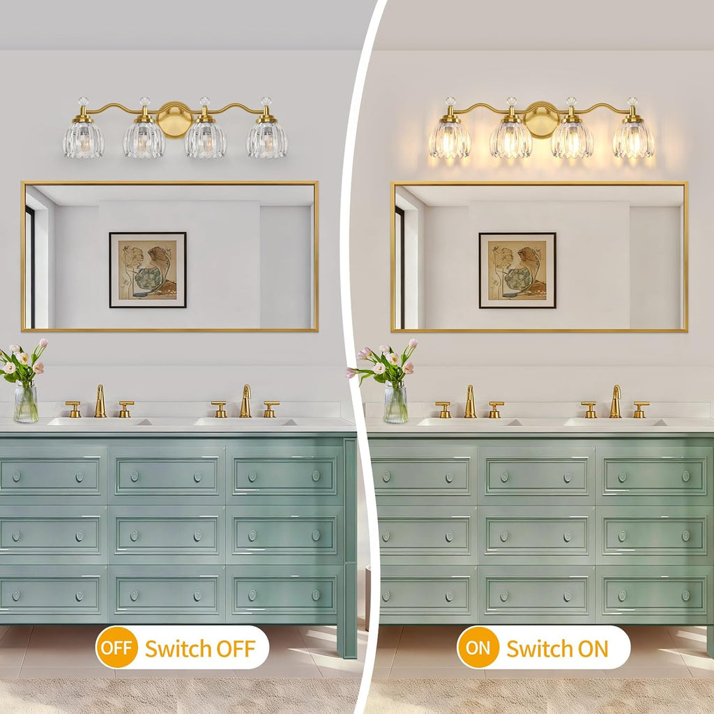 4-Light Bathroom Light Fixtures, Vanity Lights for Bathroom, Wall Lights for Mirror | Clear Glass Shade | Bulbs Not Included | Brushed Gold