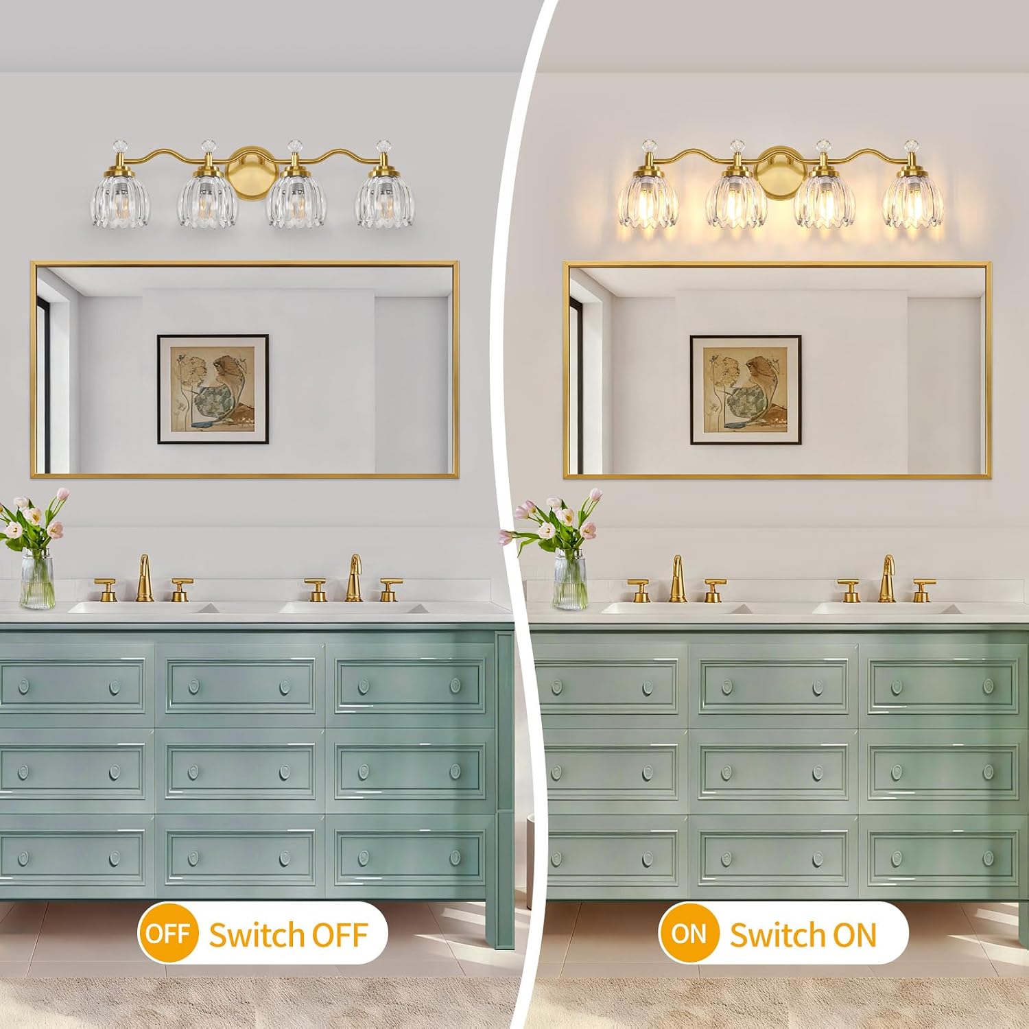 4-Light Bathroom Light Fixtures, Vanity Lights for Bathroom, Wall Lights for Mirror | Clear Glass Shade | Bulbs Not Included | Brushed Gold