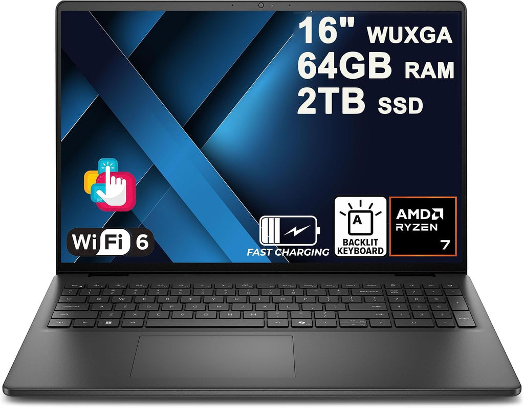 Dell 16 Laptop 16' WUXGA Touchscreen AMD 8-core Ryzen 7 250 (>i7-1355U) 64GB DDR5 2TB SSD Backlit ExpressCharge Wi-Fi6 for Creator Designer Business Professional Work Win11