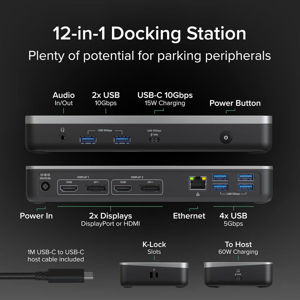 Plugable 12-in-1 Dual 4K USB-C Docking Station, Works with Chromebook Certified, 60W Charging for Classrooms & Business, ChromeOS/Windows, HDMI, DisplayPort, Ethernet, USB-C, 6X USB