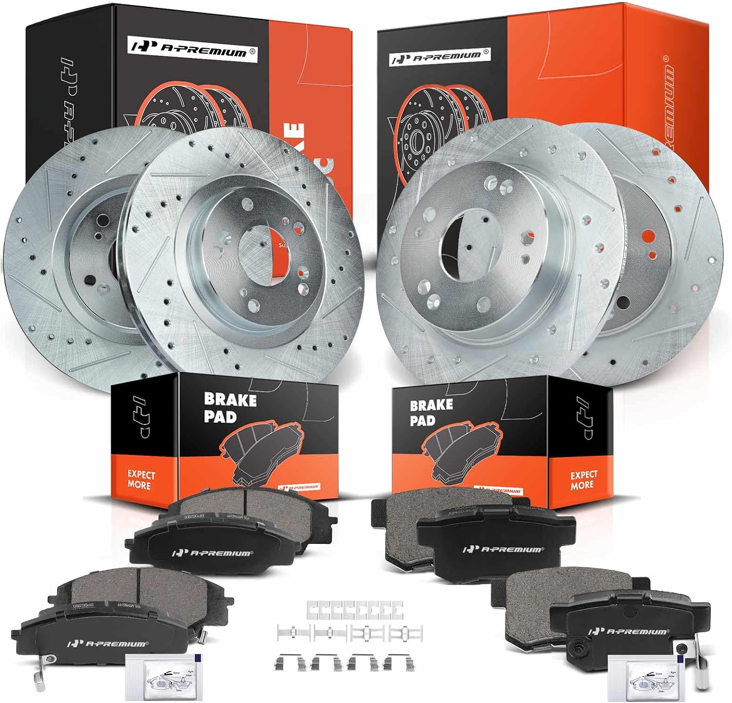 A-Premium 12-PC Set Front and Rear Drilled and Slotted Disc Brake Rotors + Ceramic Pads Kit Compatible with Select Honda & Acura models - 2006-2011 Civic, 2007-2010 CSX