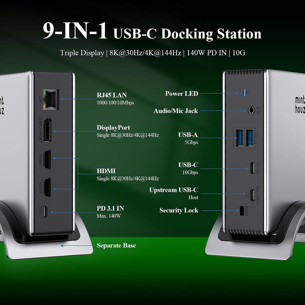 Minthouz USB-C Docking Station, PD3. 1 Docking Station, 3 Monitors with 4K@144Hz, 2×HDMI + DP, 140W PD Charge, USB-C 10Gbps, 2×USB-A 5Gbps, Gigabit Ethernet, Audio/Mic, for Chrome OS & Windows