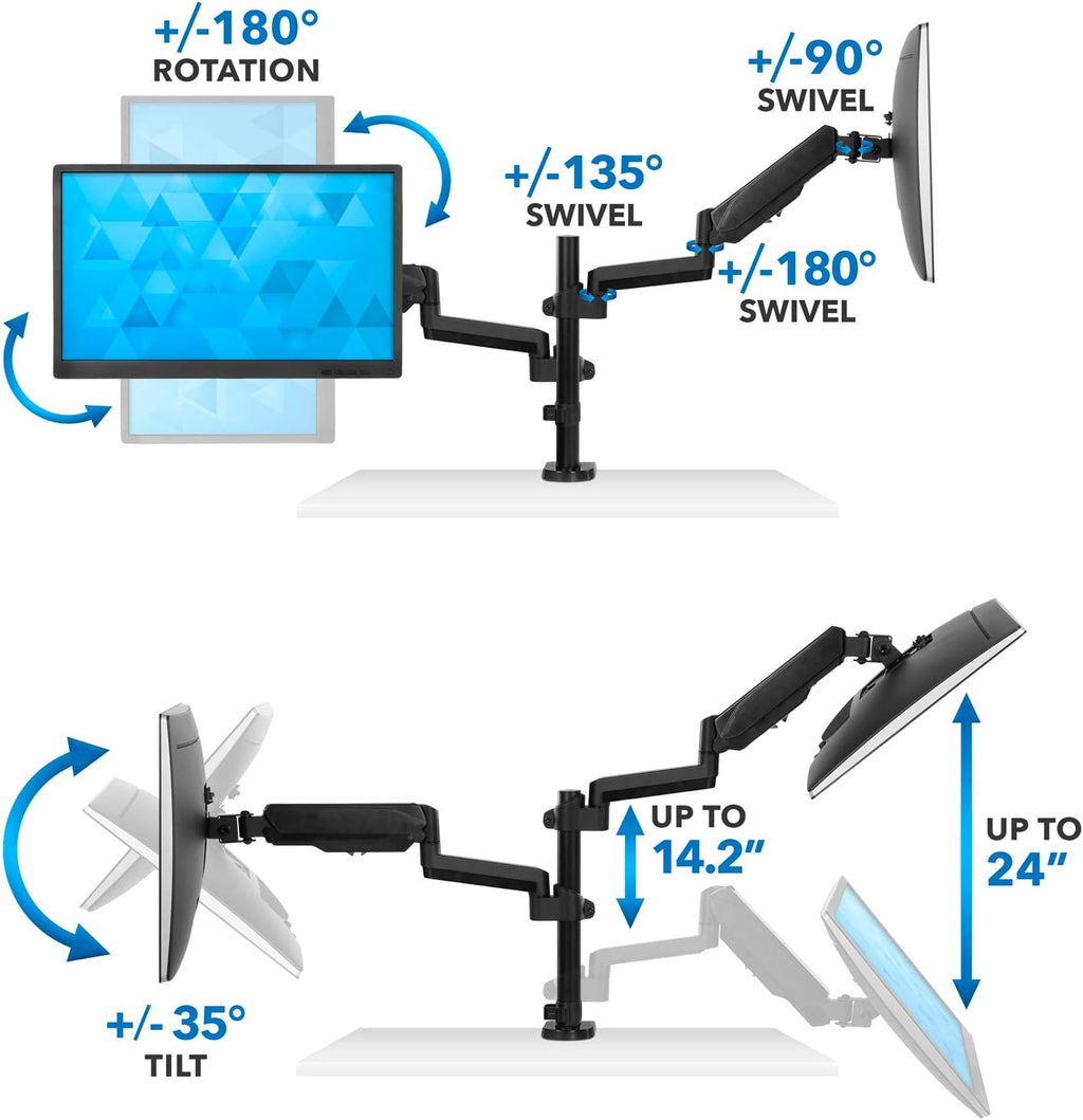 Mount-It! Dual Monitor Arm Desk Mount for 17–32' Screens, Gas Spring Adjustable Monitor Stand, Vertical Stack or Side-by-Side Setup, 17.6 lbs Each Arm, VESA 75x75 100x100, Clamp & Grommet Base MI-4762