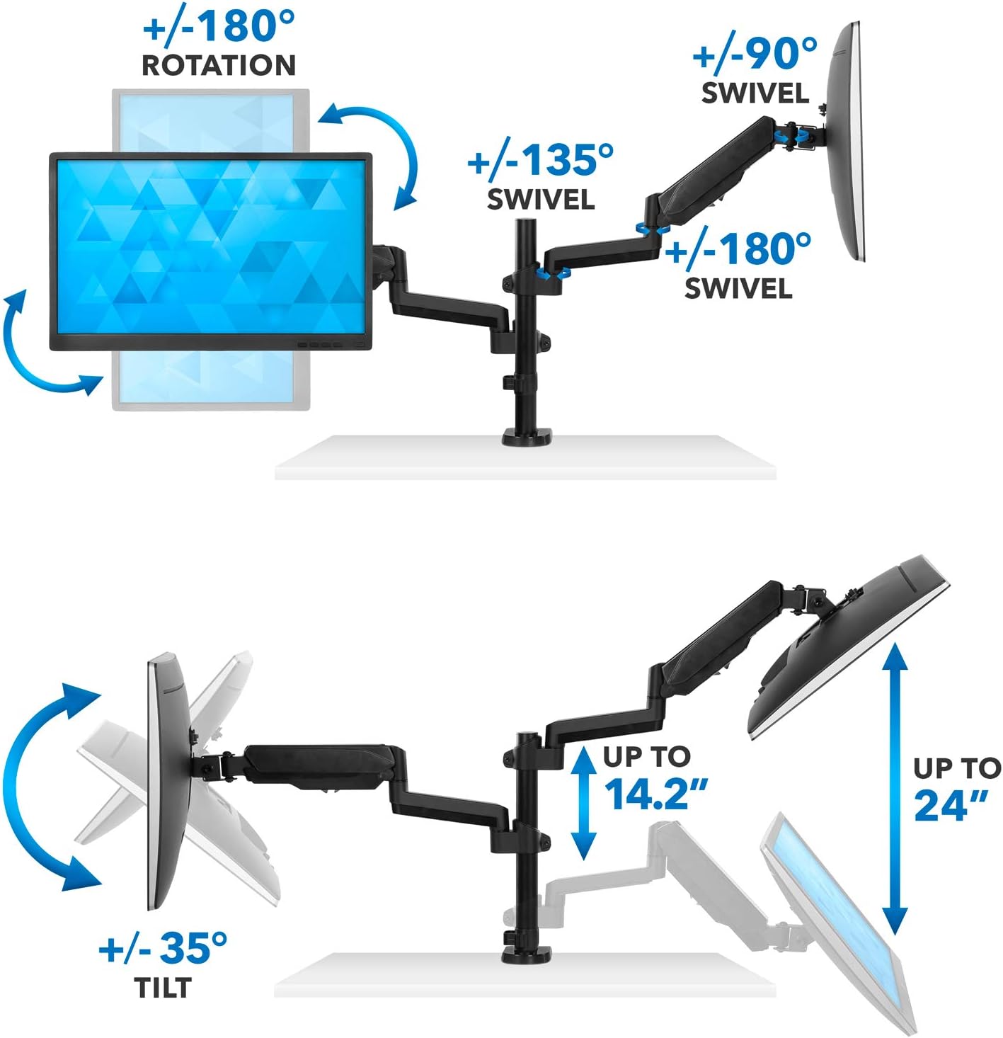 Mount-It! Dual Monitor Arm Desk Mount for 17–32' Screens, Gas Spring Adjustable Monitor Stand, Vertical Stack or Side-by-Side Setup, 17.6 lbs Each Arm, VESA 75x75 100x100, Clamp & Grommet Base MI-4762