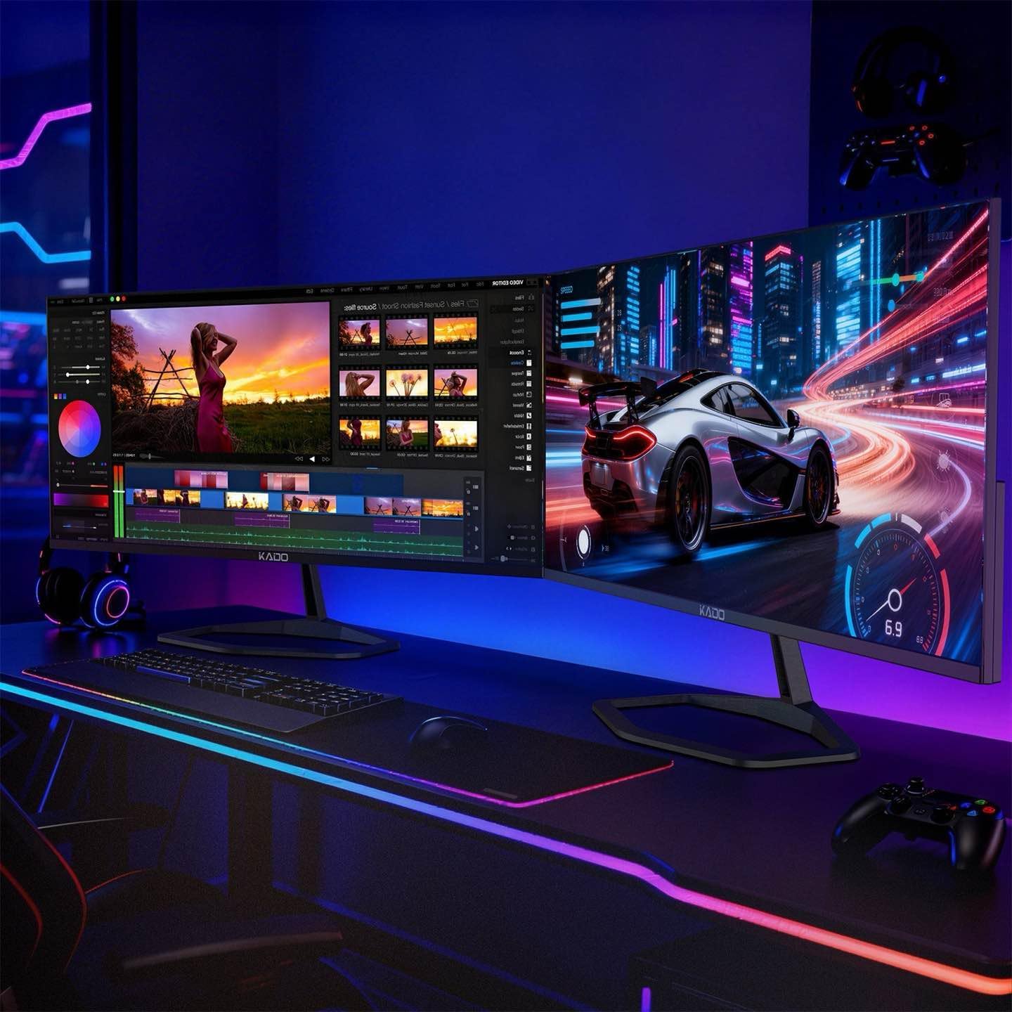 Kado Dual Gaming Monitor Setup - 2-Pack 34' 100Hz Ultrawide 21:9 3440x1440 WQHD Computer Monitor 103% sRGB, Stacked Gaming AMD FreeSync Premium, VESA Mount HDMI DisplayPort Built-in Speakers