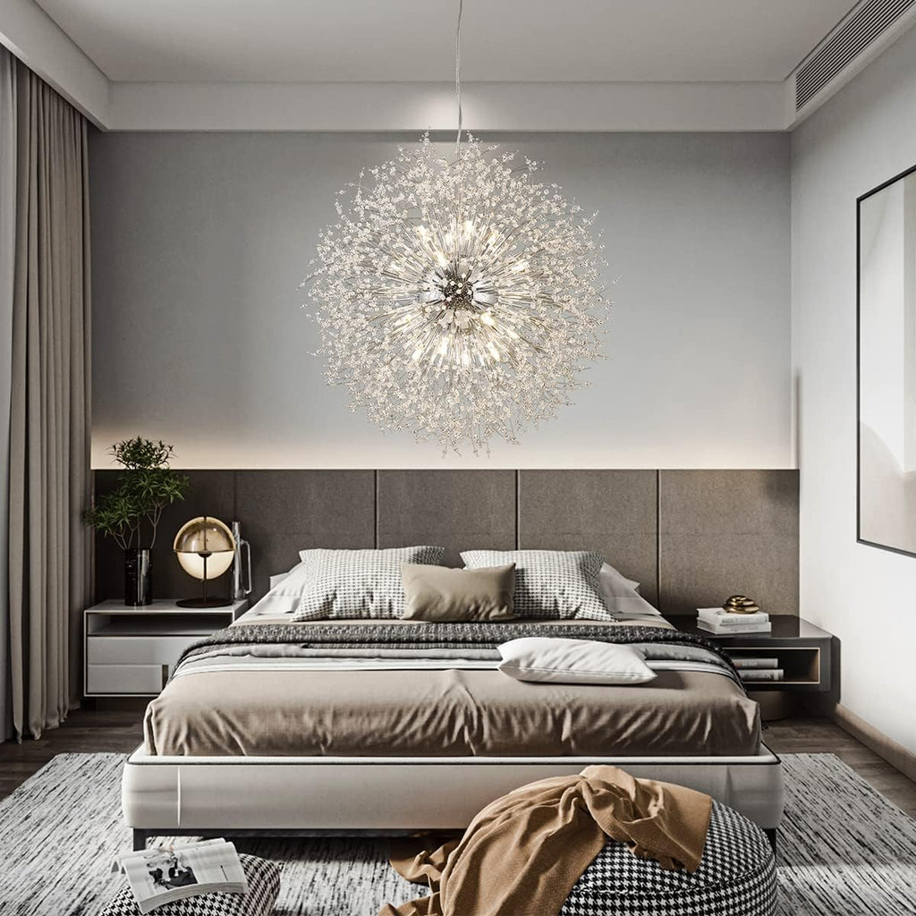 Modern Crystal Chandelier Firework, 31.4' Dandelion Crystal Chandelier Lighting Chrome, 16-Light Steel Large Pendant Sputnik Chandelier for Living Room Foyer