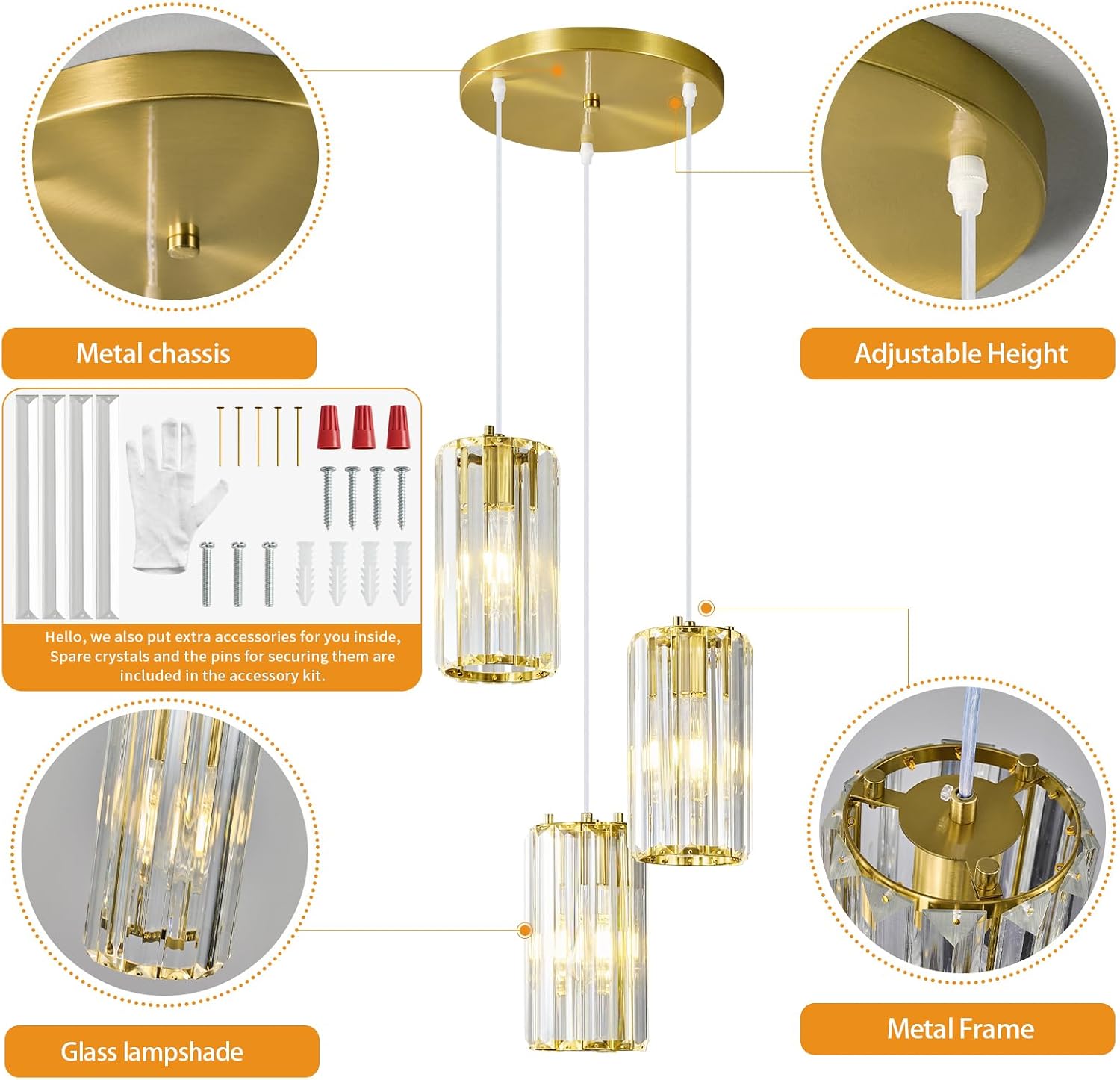 Gold Pendant Lighting Modern Pendant Light, Mini Crystal Chandeliers,Adjustable Pendant Light Fixture for Kitchen Island Dinning Room Corridor Bedroom(Gold 3-Light)