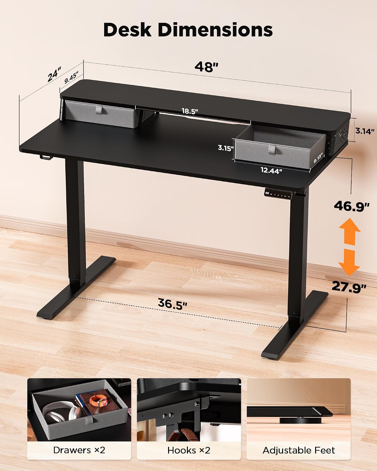 FiCiHi 48x24 Inch Standing Desk with Drawers, C-Clamp Mount Compatible, Electric Adjustable Height Computer Stand Up Desks, Home Office Sit Stand Table with 3 Preset Heights, Black