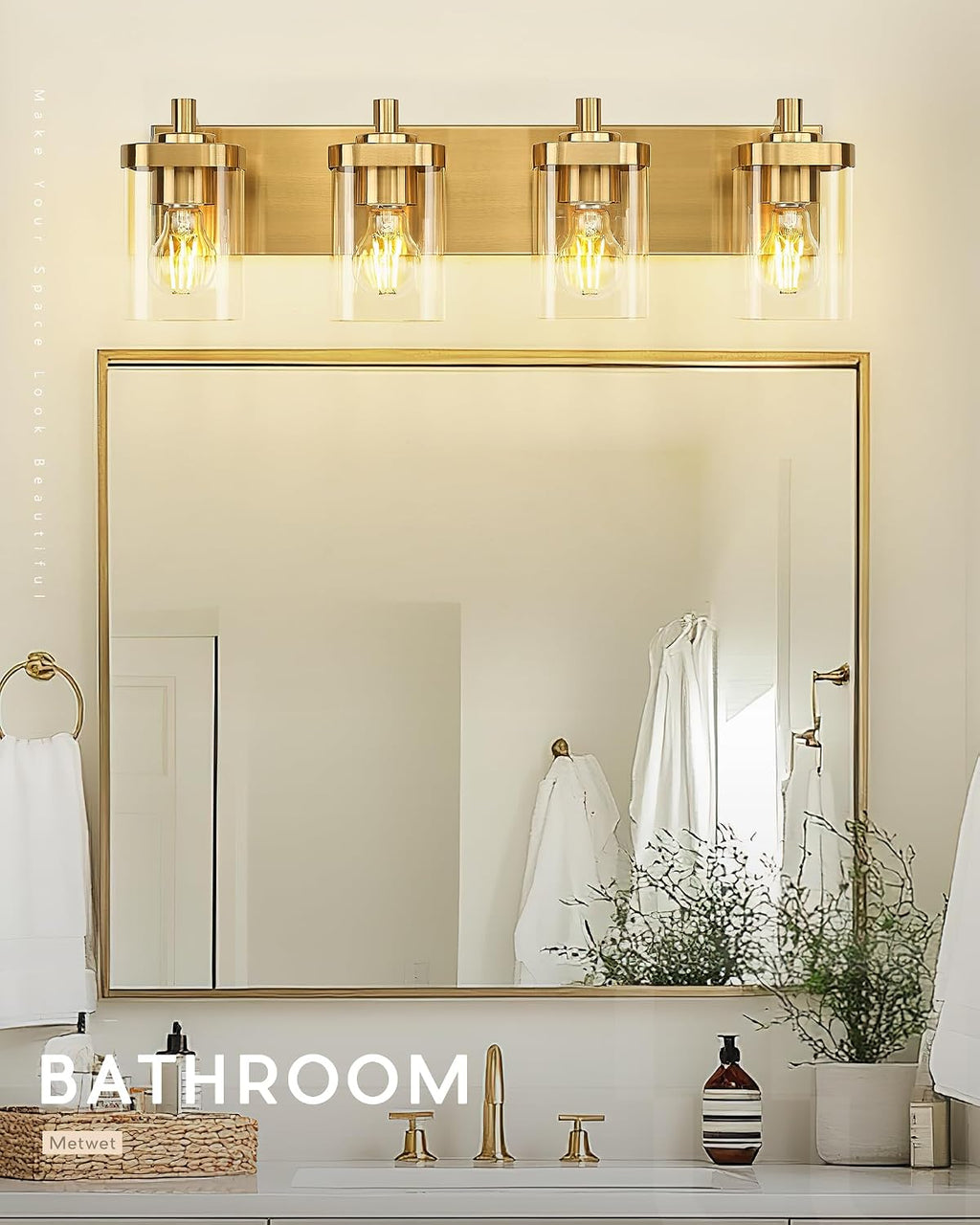 Bathroom Light Fixtures, 25' Brushed Gold Vanity Light, 4-Light Modern Wall Sconces with Square Clear Glass Shade, Vanity Lighting Fixtures Over Mirror, VL194-BG-4
