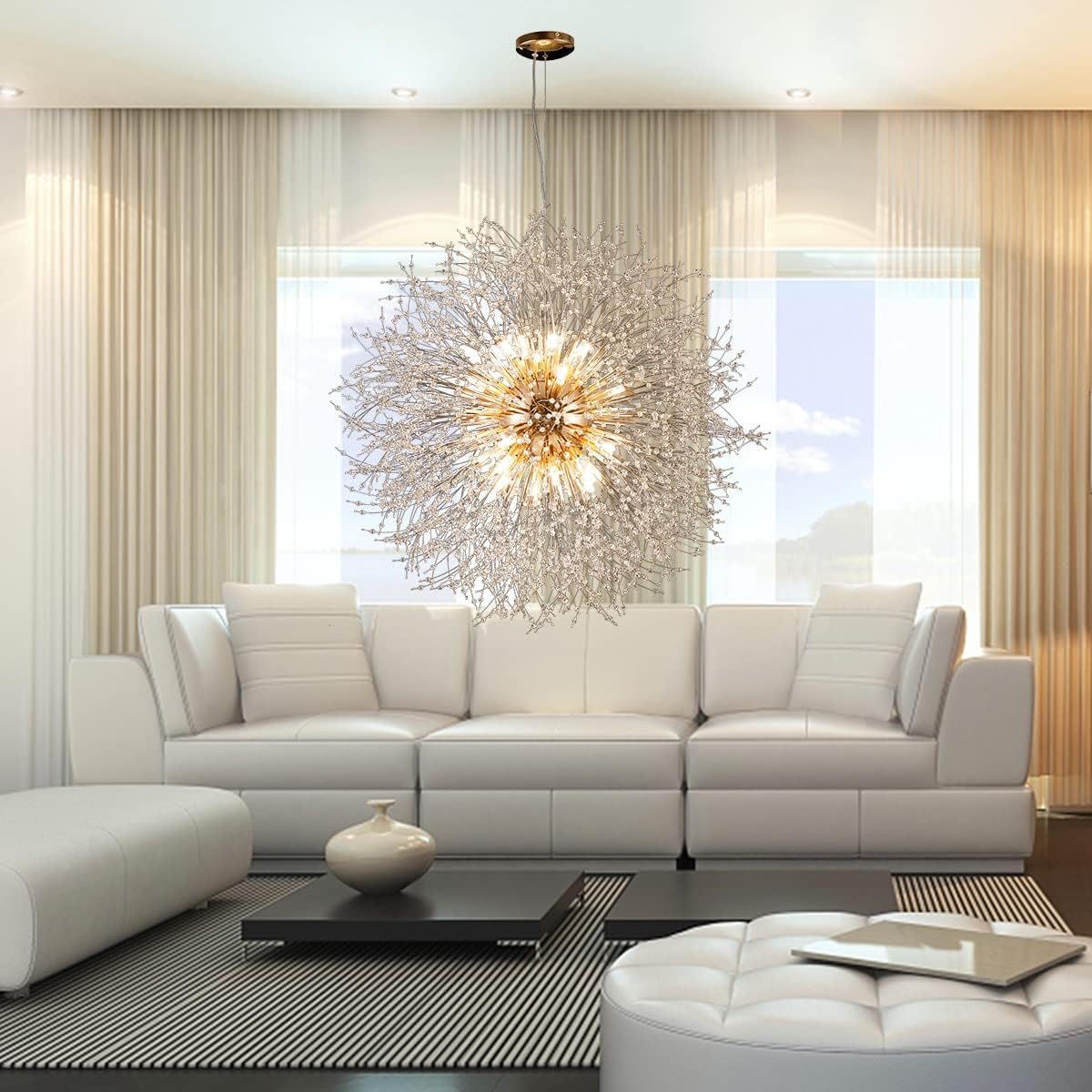 Modern Crystal Chandelier Gold, 24-Light Large Firerwork Chandelier for Living Room, 39.3' Crystal Sputnik Pendant Lighting for Entry Hallway Foyer