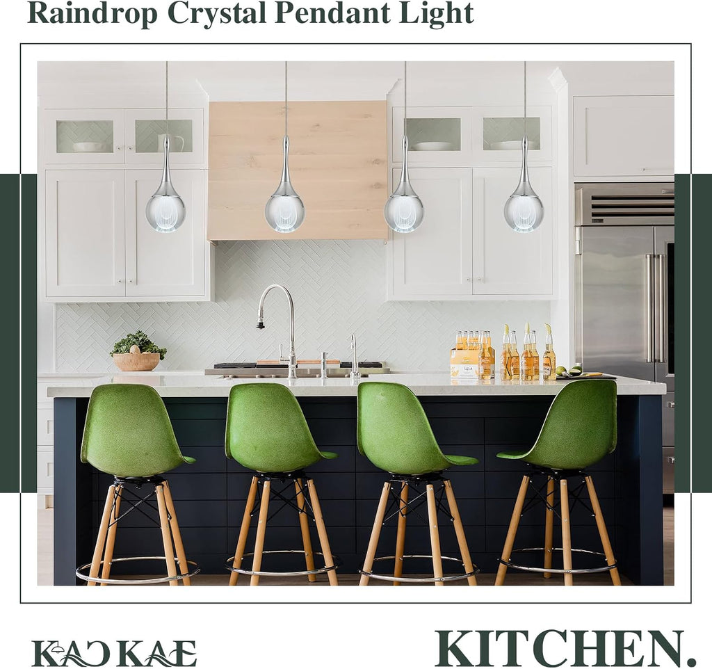 LED Pendant Light Kitchen Island Raindrop Crystal Pendant Lights Dimmable Chrome Modern Hanging Light for Bedroom Bathroom Living Room 6000K Cool White, 3 Pack