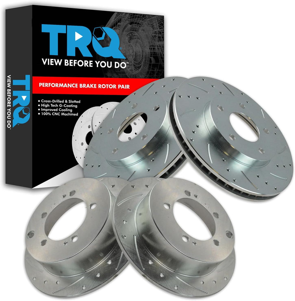 TRQ Performance Front & Rear Brake Rotors Set 4 Piece Premium G-Coated Slotted X Drilled Compatible with 2005 Dodge Stratus 2004-2006 Mitsubishi Lancer