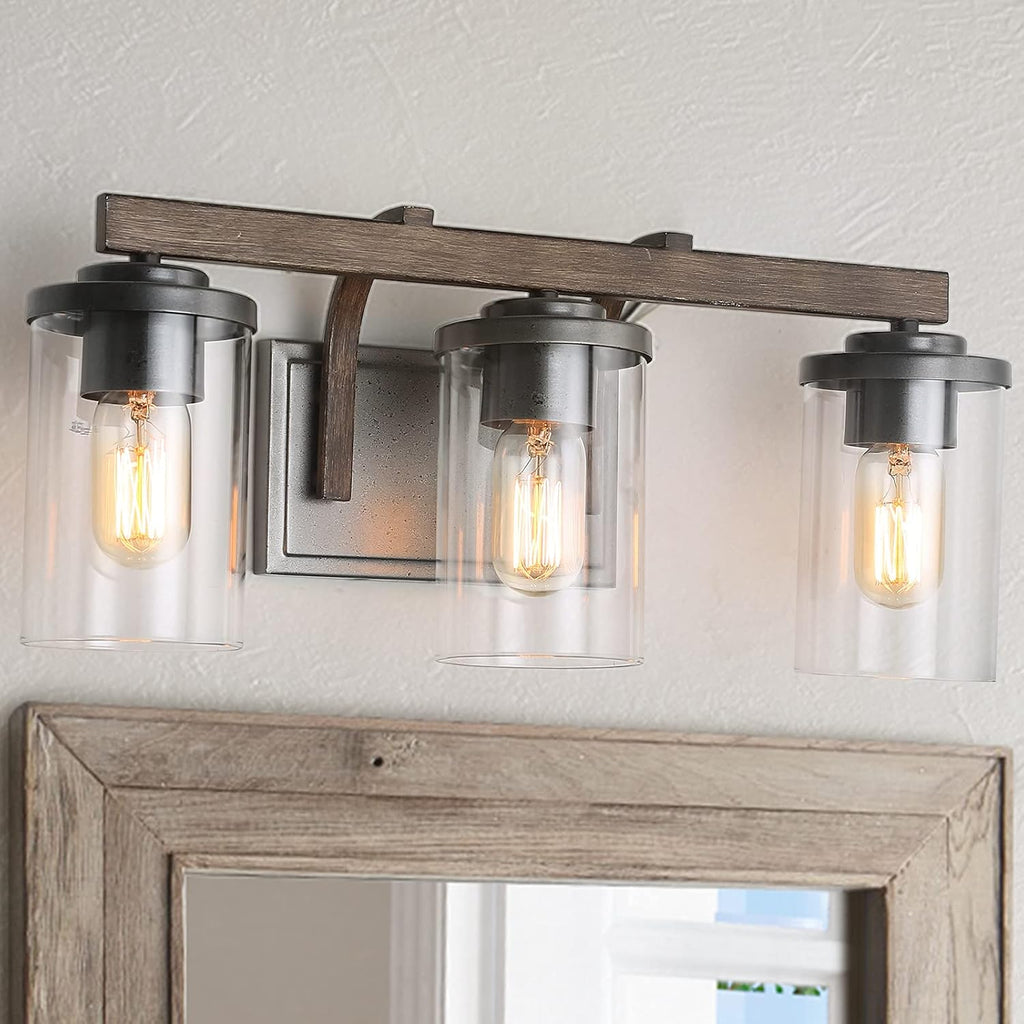 Farmhouse Bathroom Vanity Light Fixtures, Rustic Vanity Lighting with 3 Clear Glass, Wood Bathroom Fixture Over Mirror, L20' x H8.7' x W6.3'