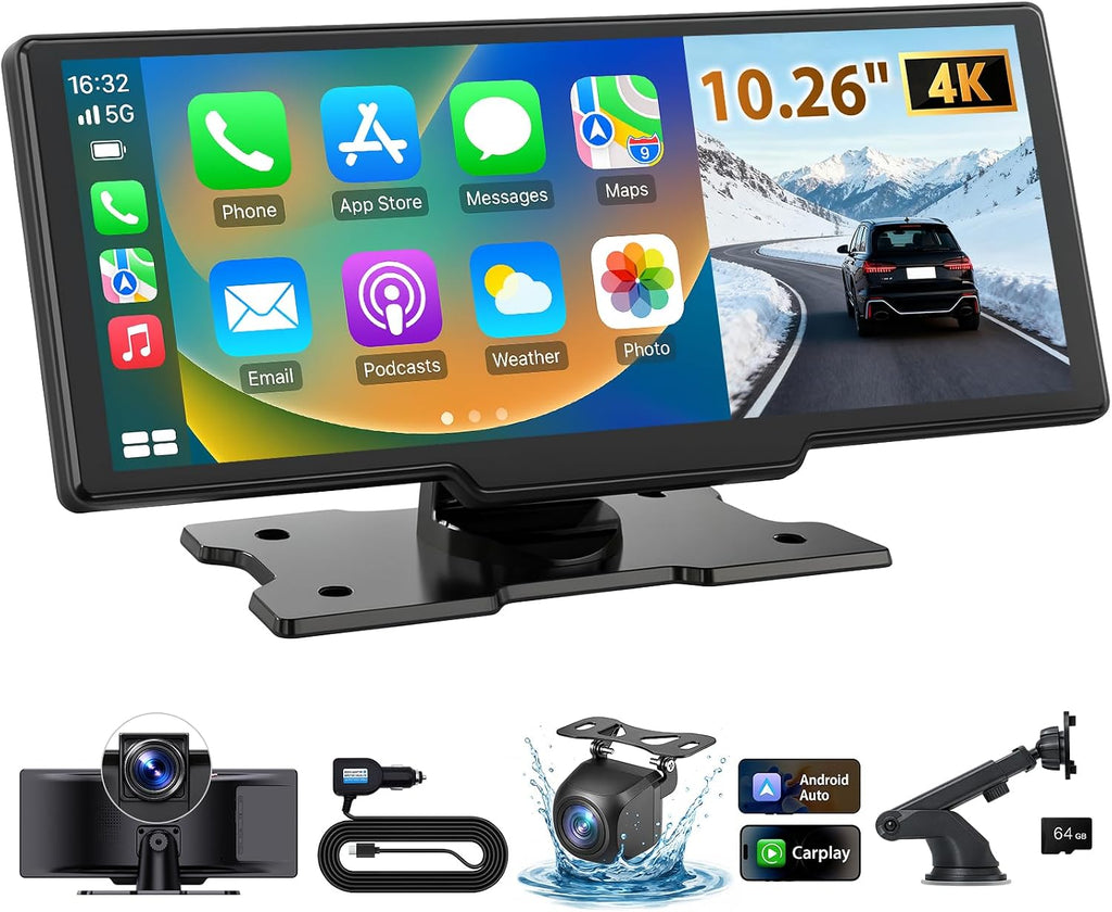 10.26' Wireless CarPlay Screen for Car: 4K Dash Cam & 1080P Backup Camera, Portable Touchscreen Car Stereo for Apple Carplay & Android Auto, GPS Navigation, Mirror Link BT FM Voice Control (ADAS)