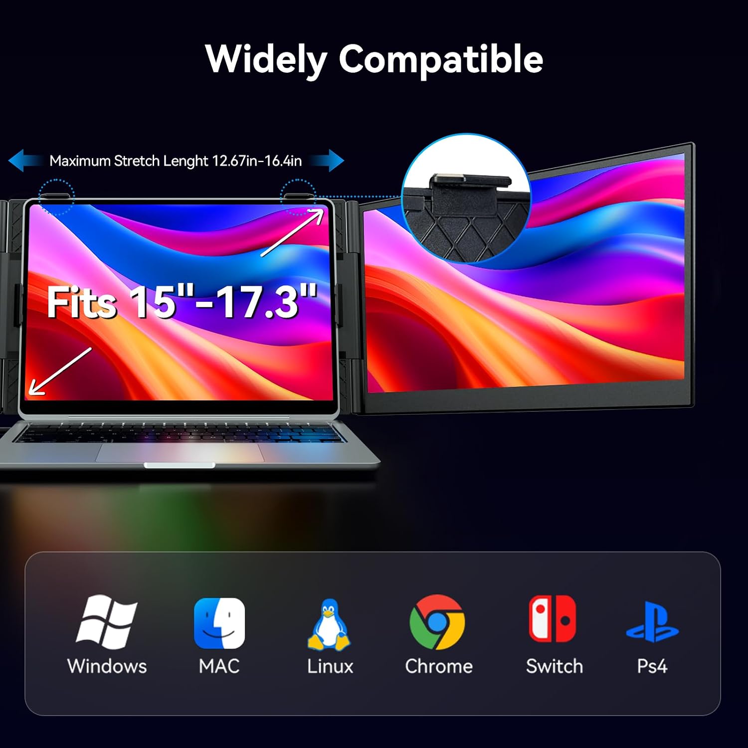 15.3' Laptop Triple Screen Extender Portable, One Cable Connection Laptop Monitor FHD 1080P IPS, Ultra Thin Dual Monitor for 13-17' Laptops, Plug & Play Compatiable with Win/Mac/Chrome/Android/Switch